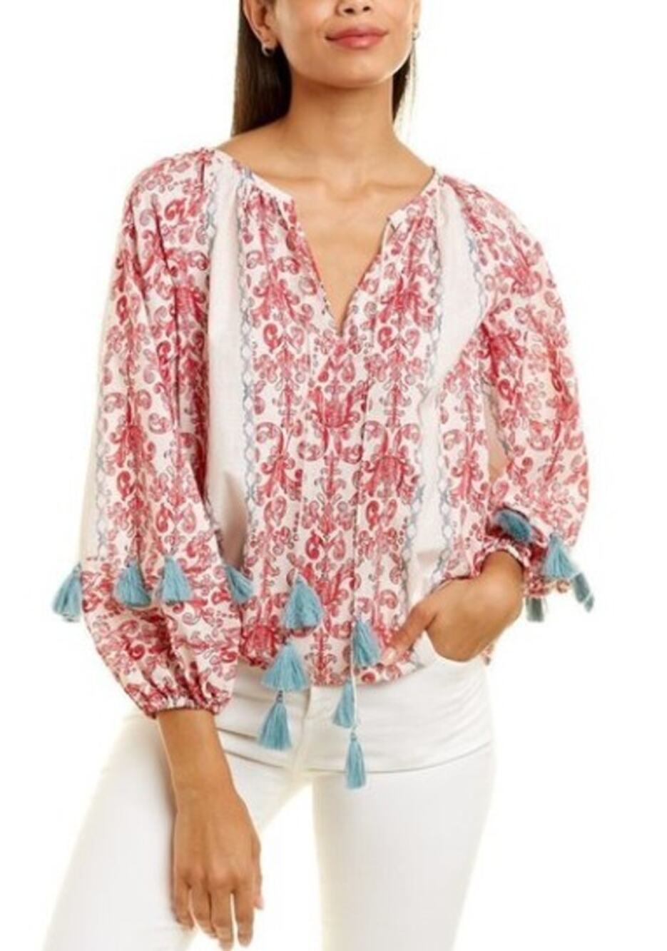 SACHIN + BABI Celia Red Print Boho Peasant Blouse XS Long Balloon Sleeve Top